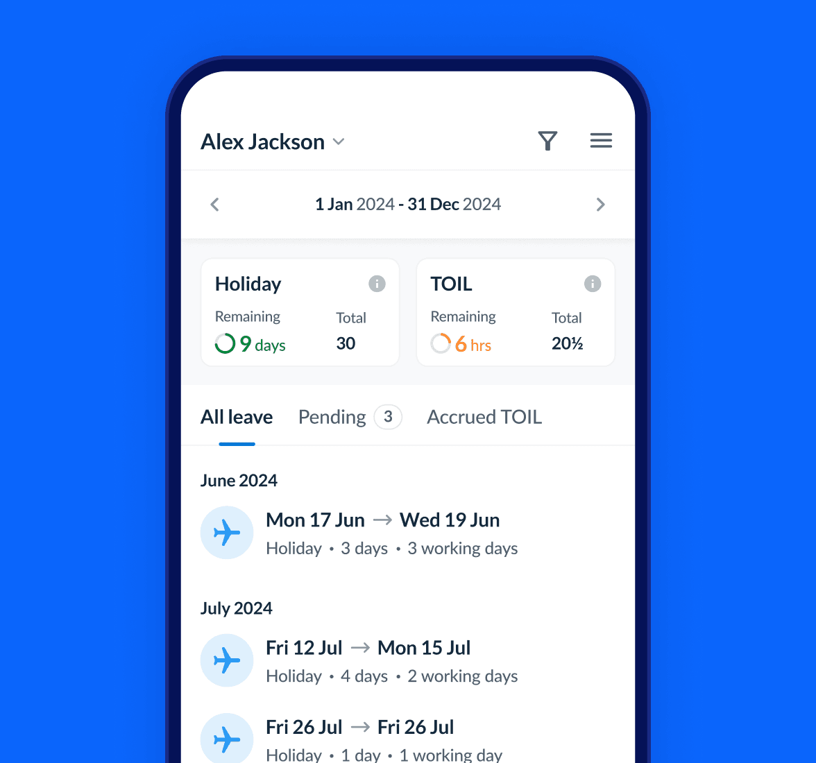 Holiday employee management screen on mobile app showing details of holiday remaining, TOIL remaining and upcoming leave dates