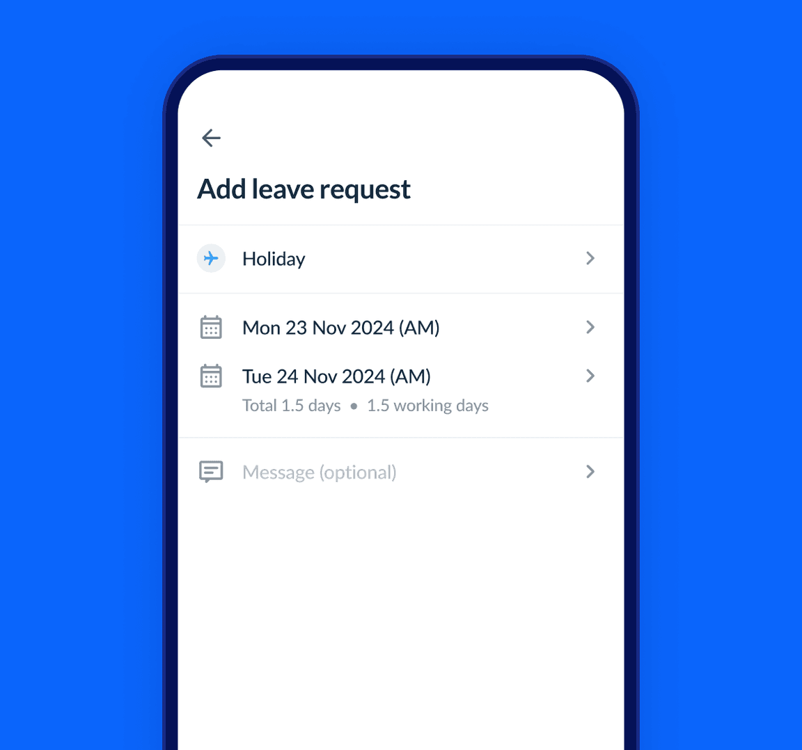 A leave request screen in RotaCloud as seen by an employee.