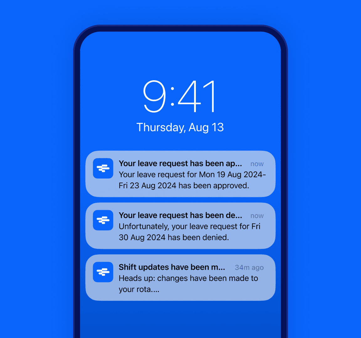 Rota view showing approved leave in the RotaCloud mobile app.