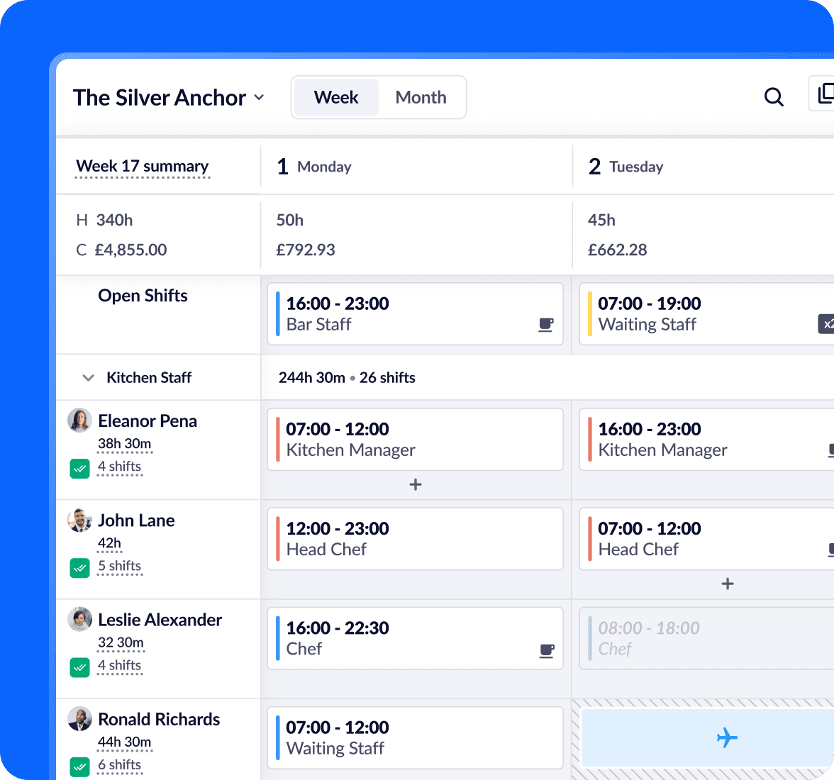 Rota screen in RotaCloud showing calendar containing shifts, employee names and a row of open shifts available to claim.