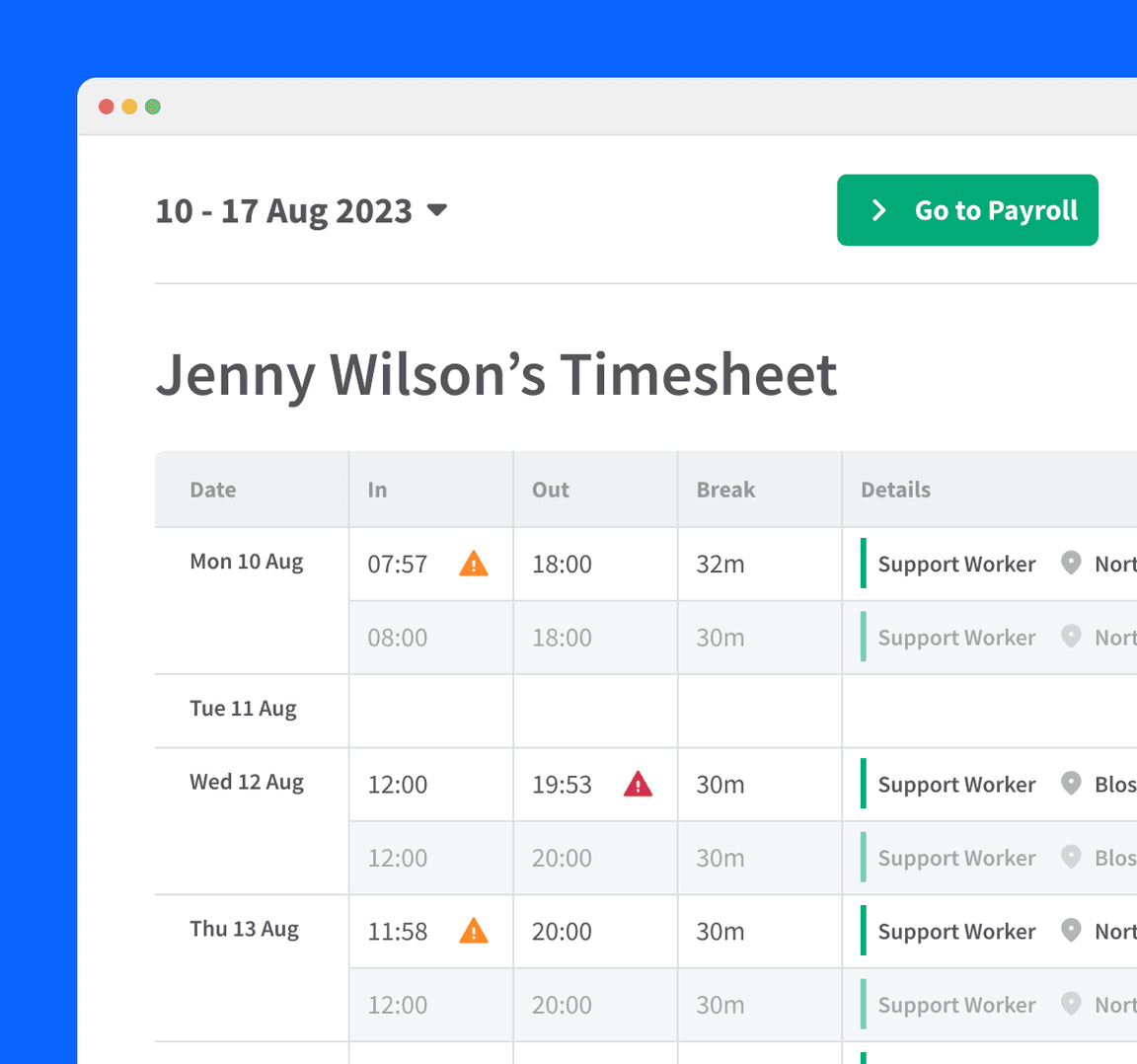 An employee timesheet in RotaCloud with lateness highlighted with a red warning icon.